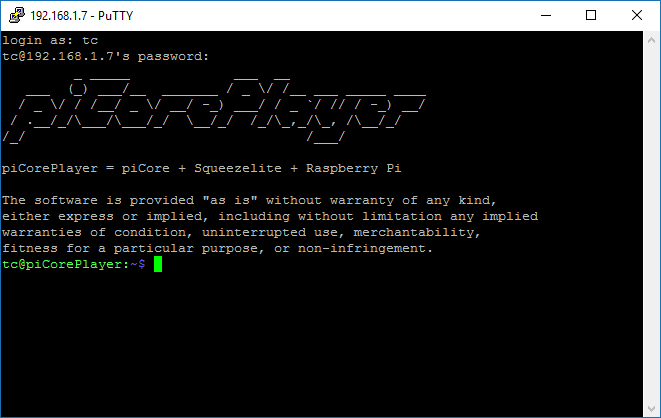 piCore login terminal piCore login terminal