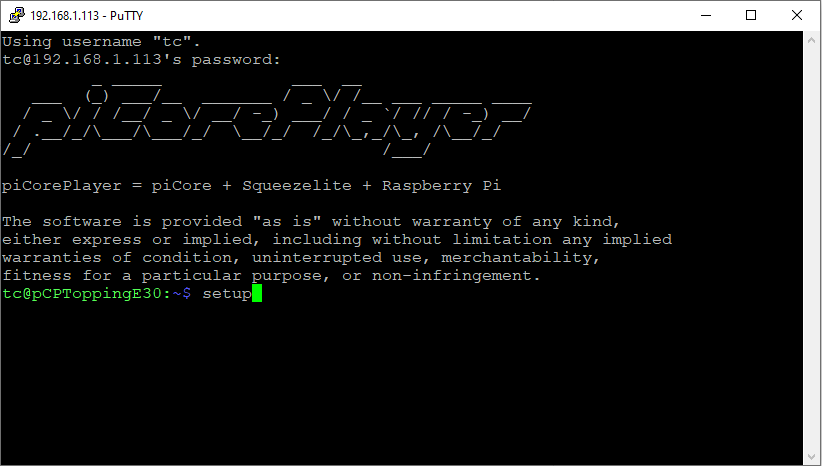 piCore login terminal piCore login terminal