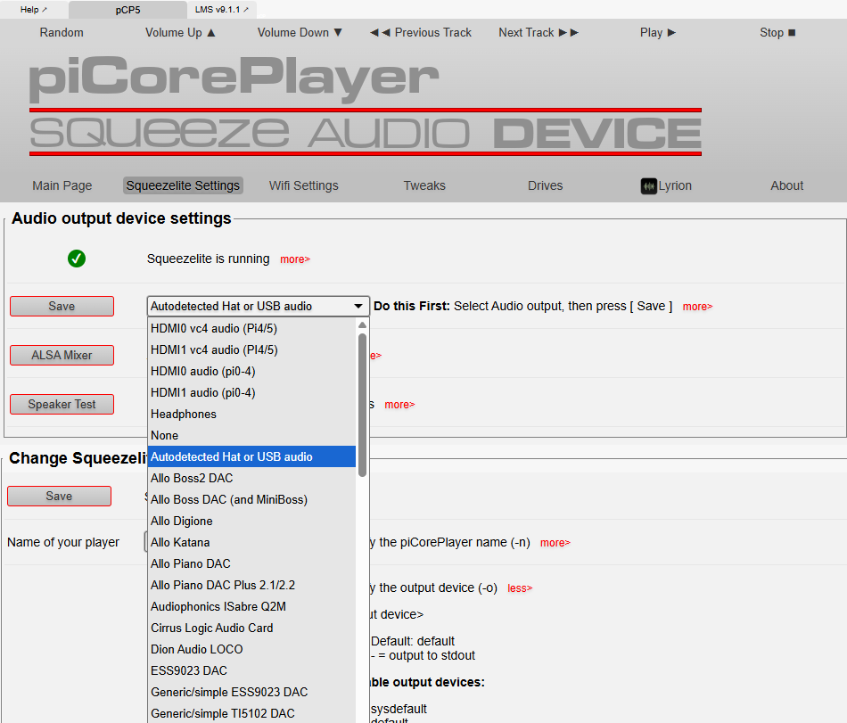 Picture of piCorePlayer Squeezelite settings screen Picture of piCorePlayer Squeezelite settings screen