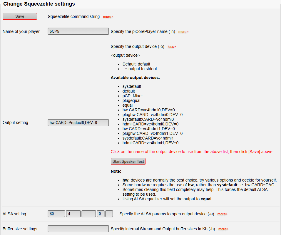 Picture of piCorePlayer Squeezelite output settings screen Picture of piCorePlayer Squeezelite output settings screen