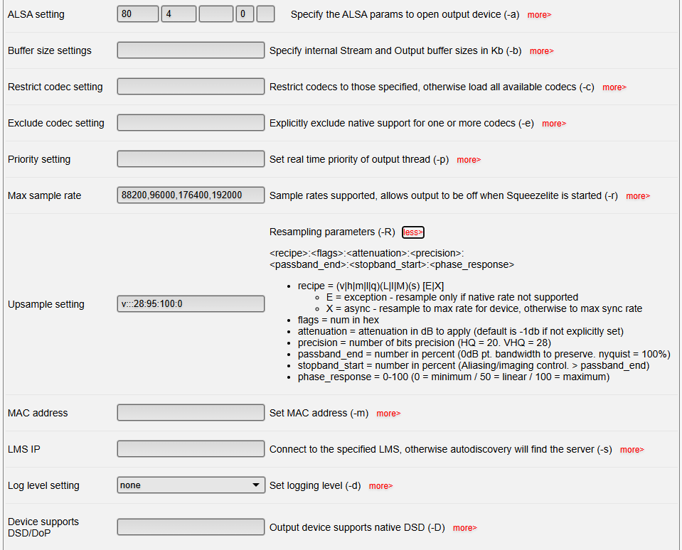 Picture of piCorePlayer Squeezelite upsample settings screen Picture of piCorePlayer Squeezelite upsample settings screen