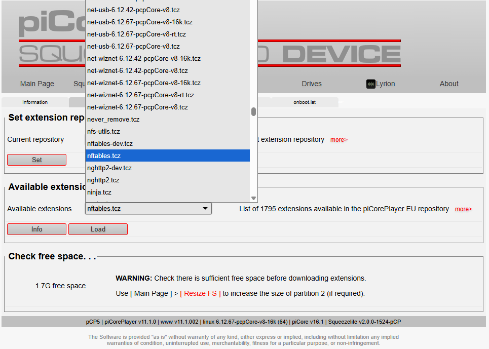 Picture of piCorePlayer menu with the nftables.tcz package being loaded Picture of piCorePlayer menu with the nftables.tcz package being loaded